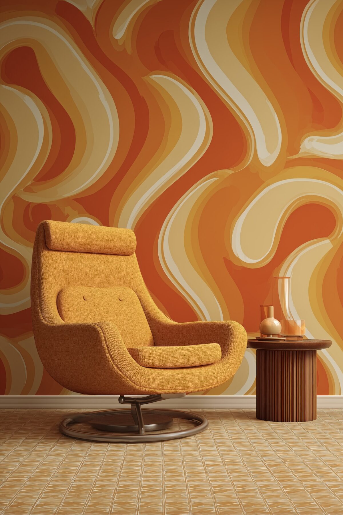 fauteuil orange tendance déco papier peint 2026 années 70