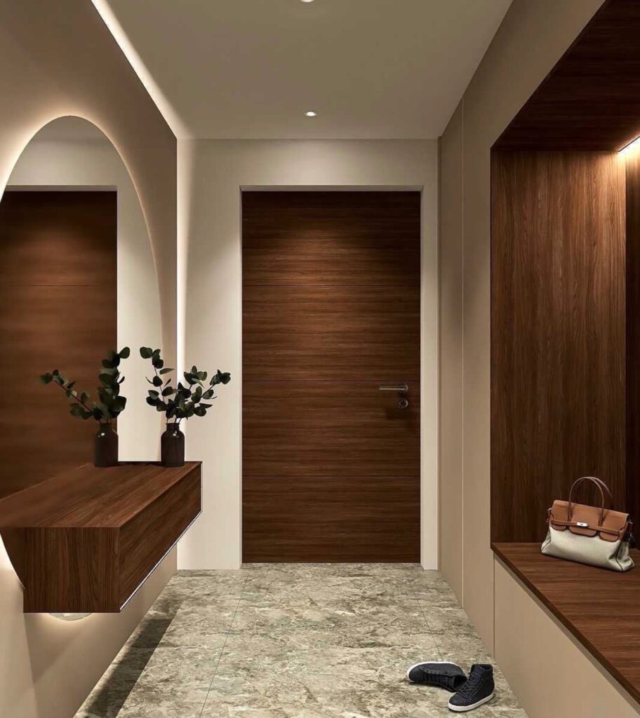 hall entree elegant miroir rond neon blanc marbre