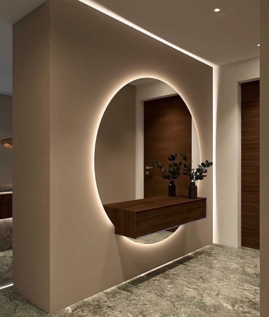 hall entree elegant sobre miroir rond neon blanc