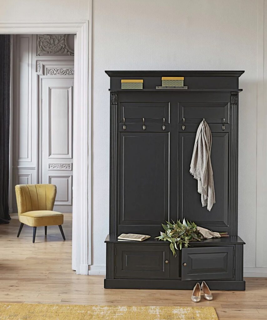 hall entree meuble noir vintage retro parquet bois lame