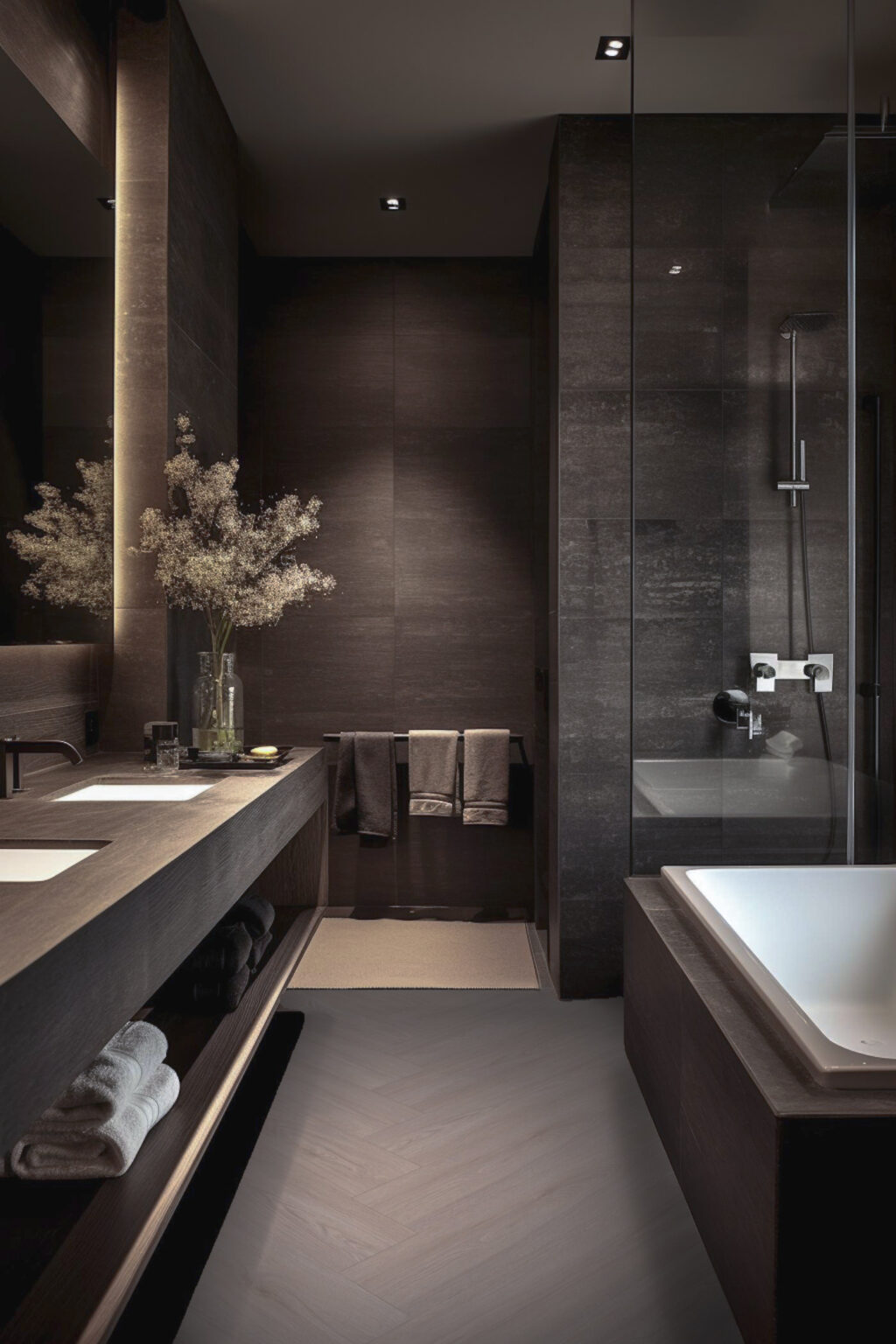 sol parquet chevron salle de bain noire