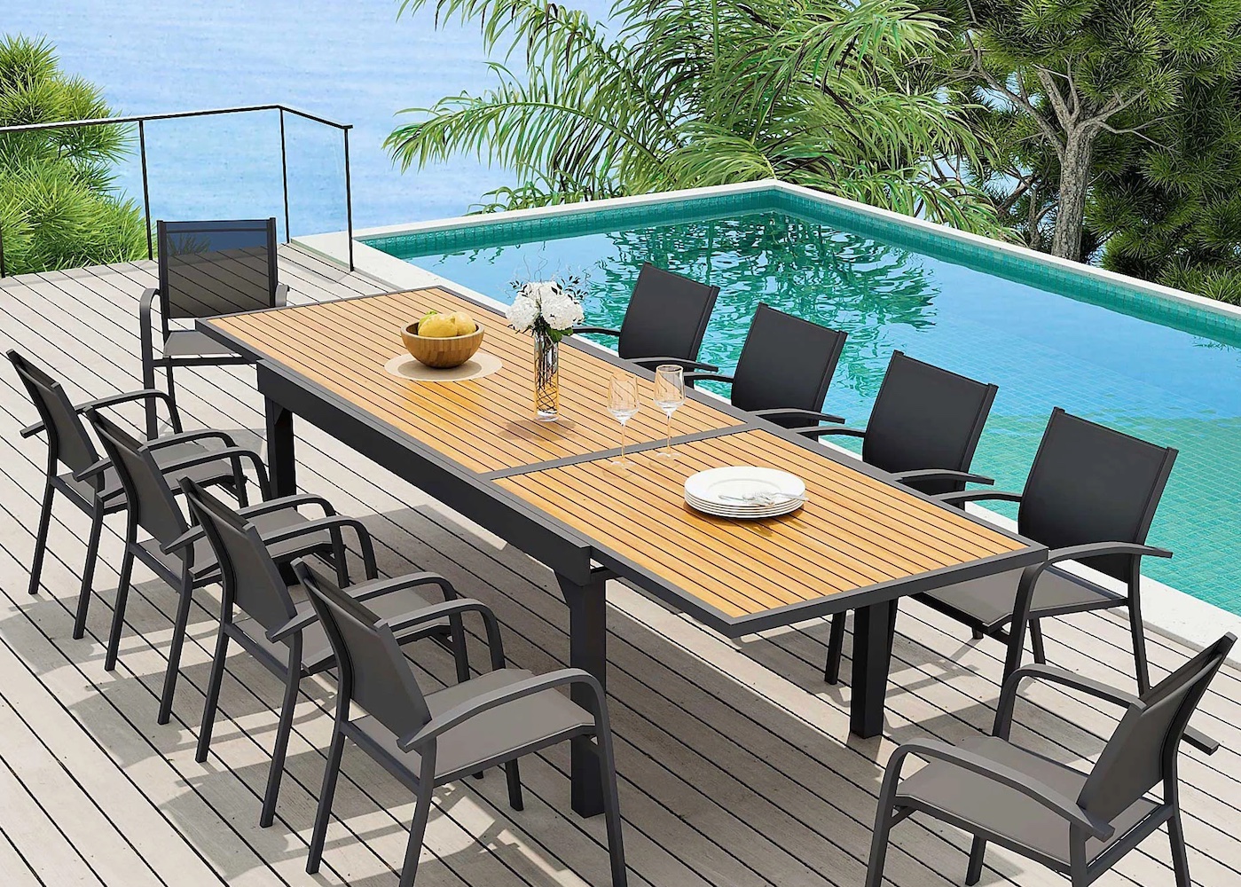 table de jardin rectangle bois piscine terrasse