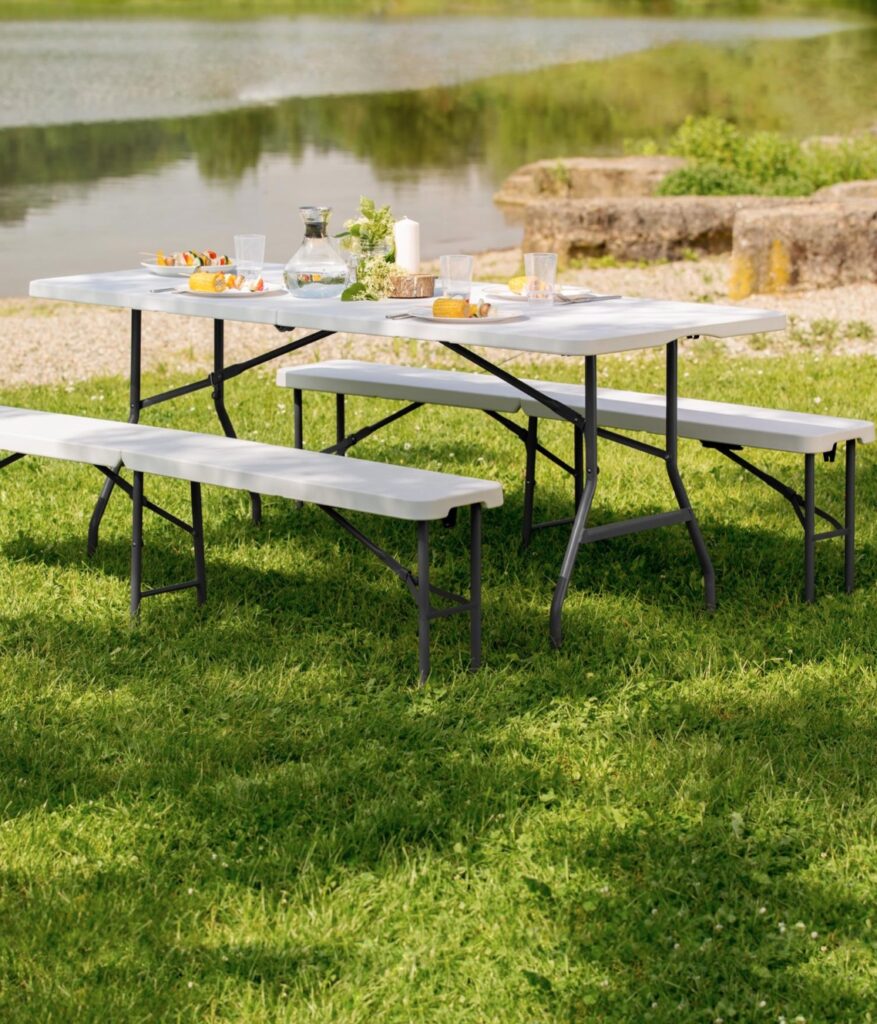 table plastique blanc banc pied metal gris