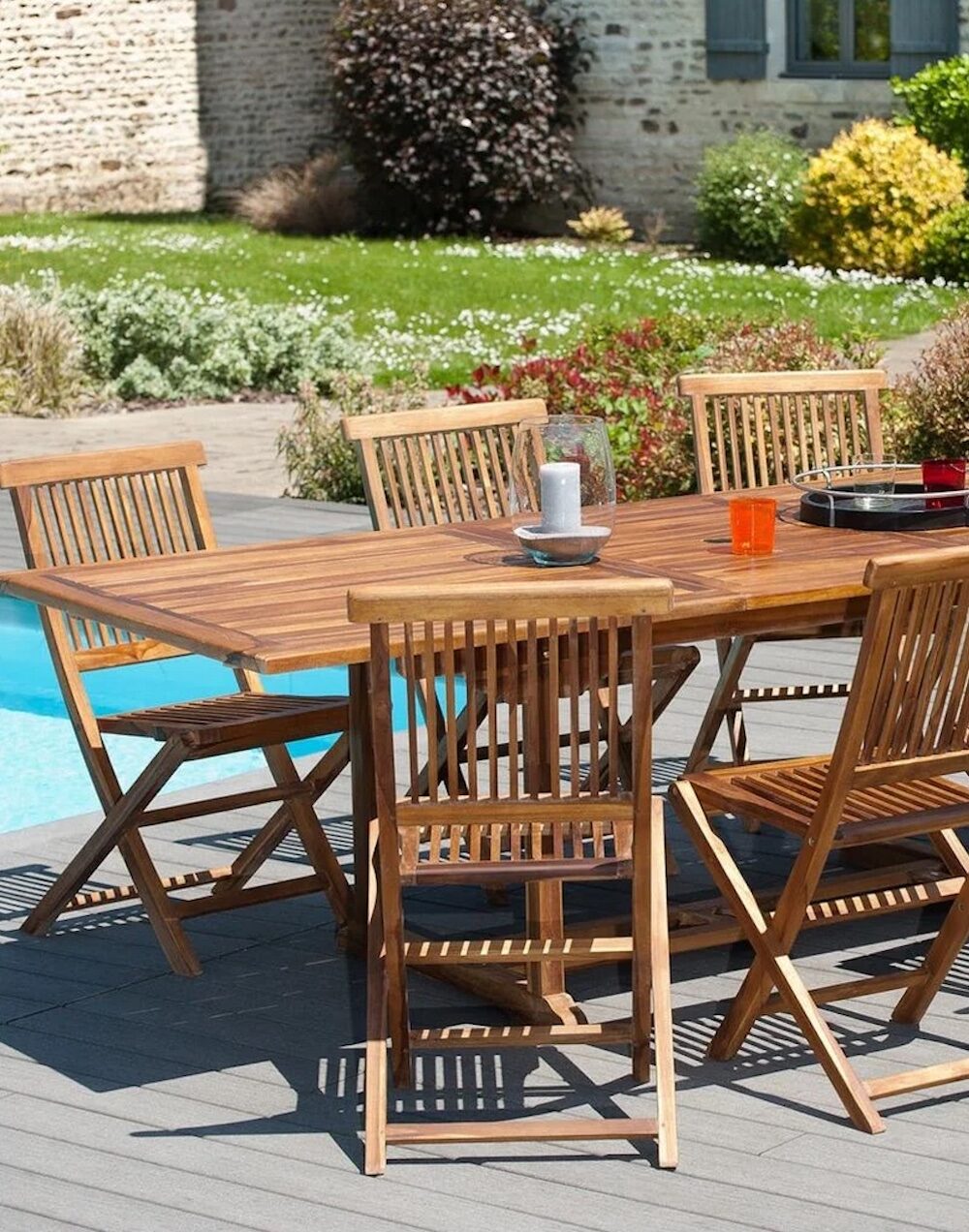table rectangle bois terrasse jardin piscine ete