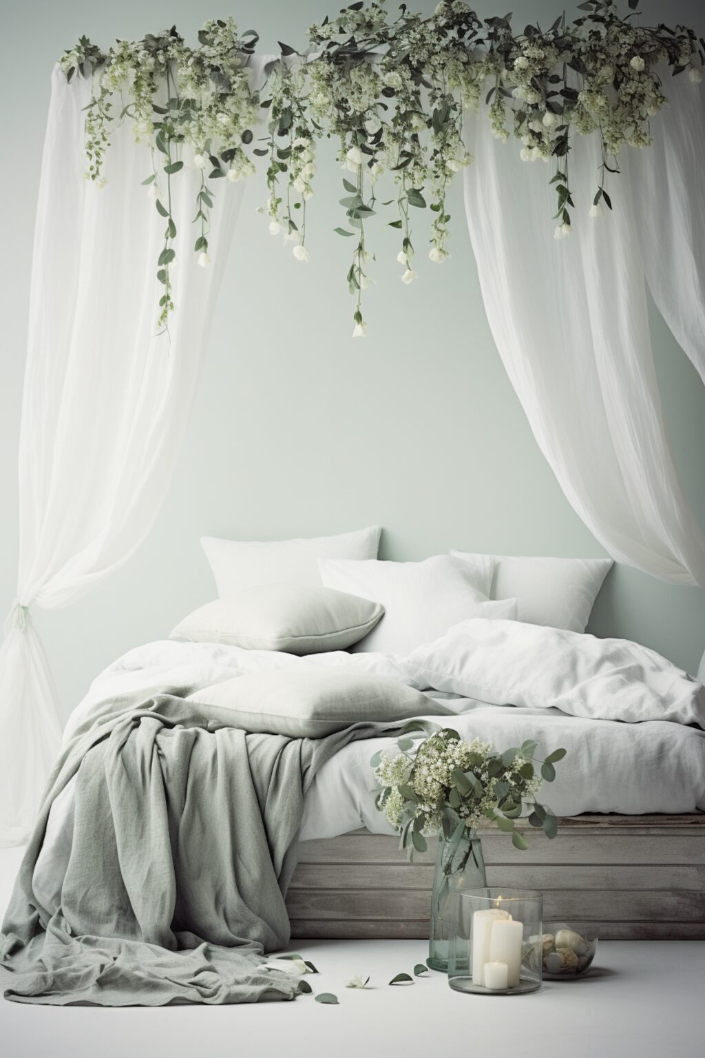 chambre nuance de vert eucalyptus déco romantique voilage