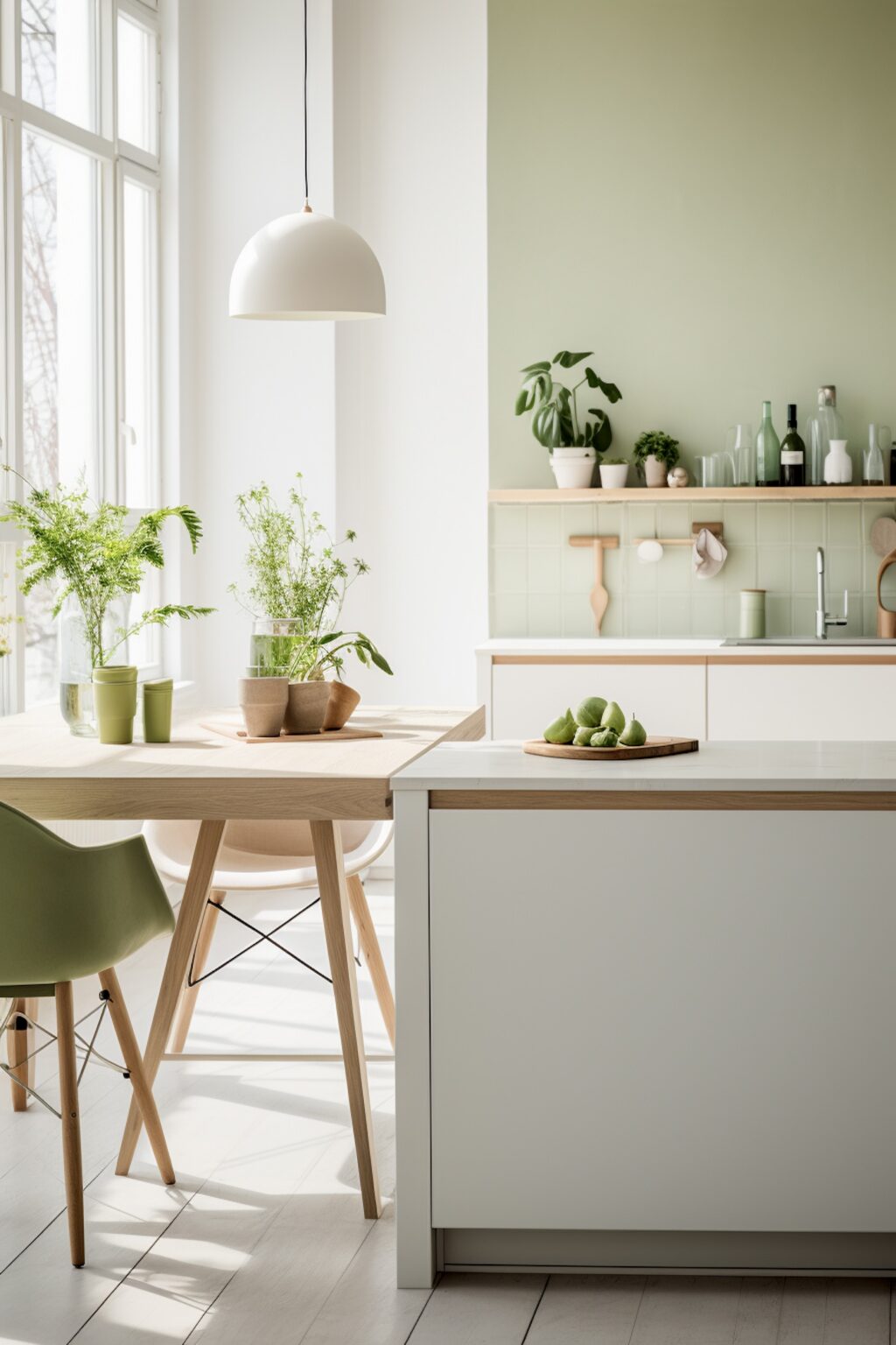 kitchenette vert eucalyptus bois clair bar américain table repas