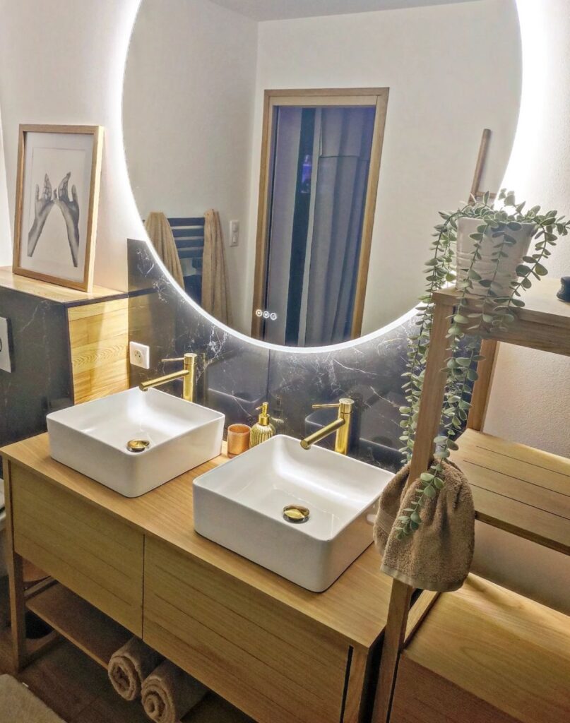 miroir rond neon lumineux double vasque carree