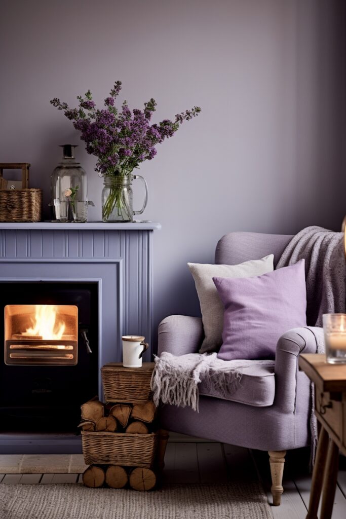 cottage scandinave poele à bois fauteuil crapaud violet