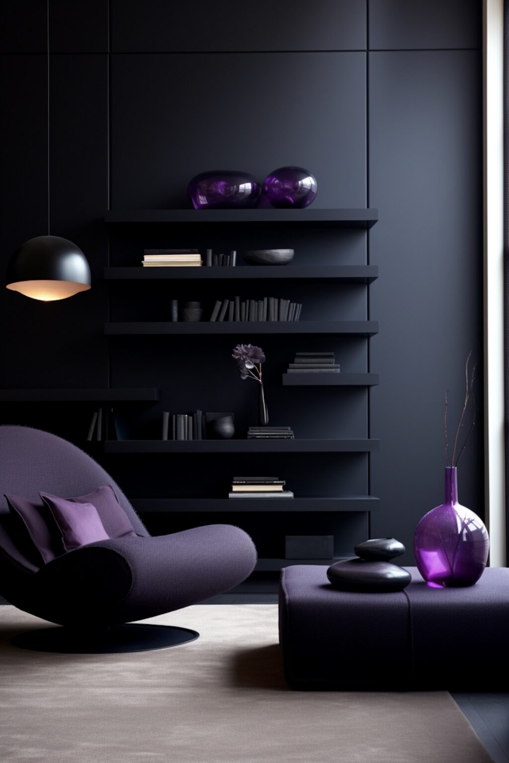 espace lecture bibliothèque mur noir fauteuil lounge