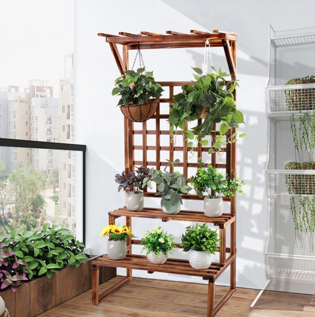 etagere suspension plante verte balcon terrasse bois