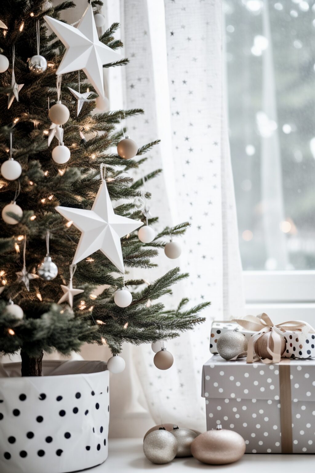 idée décoration sapin étoiles blanches boules marrons rosées