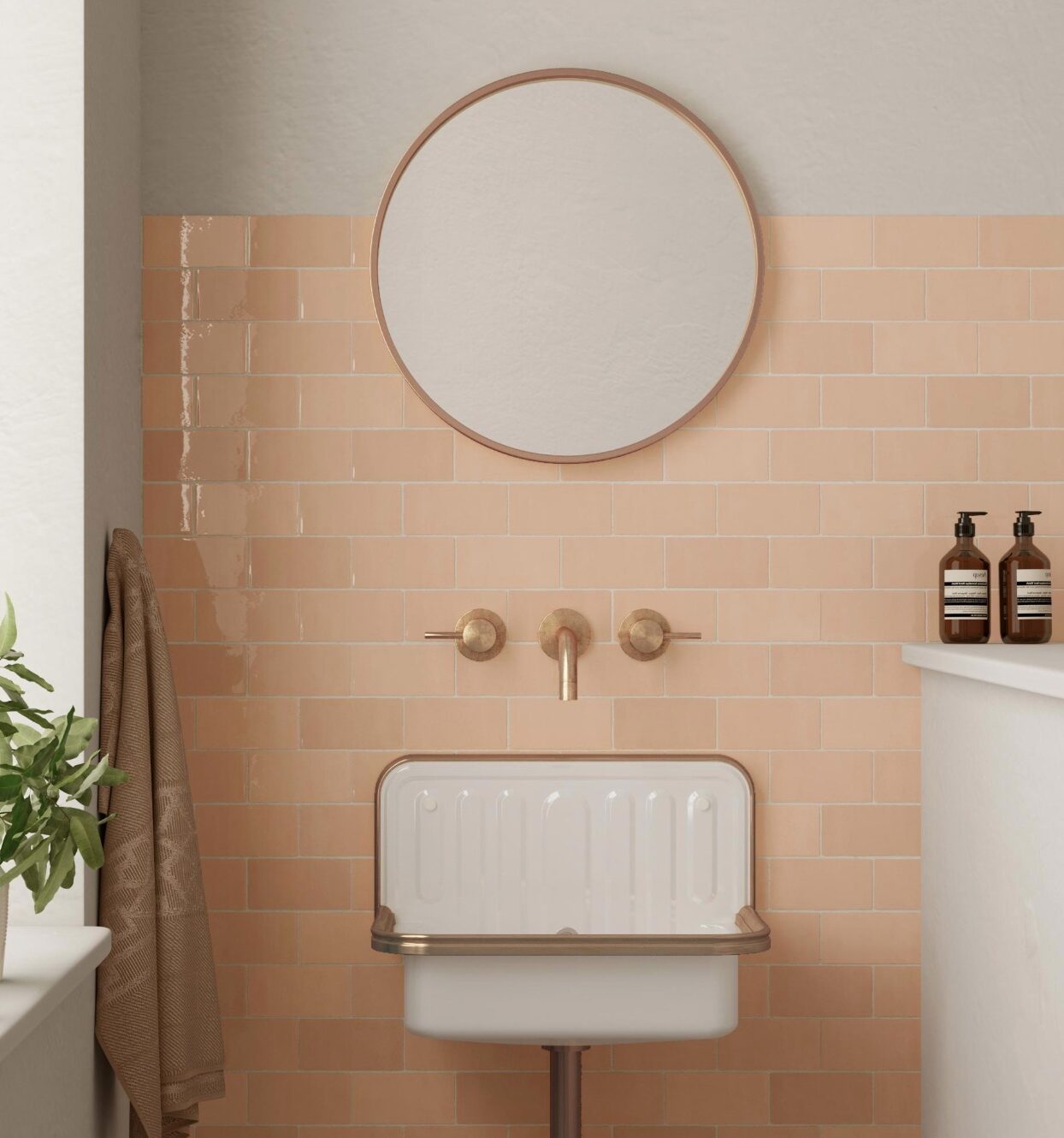 lavabo deco vintage retro blanc mur rose carrelage carreaux miroir rond