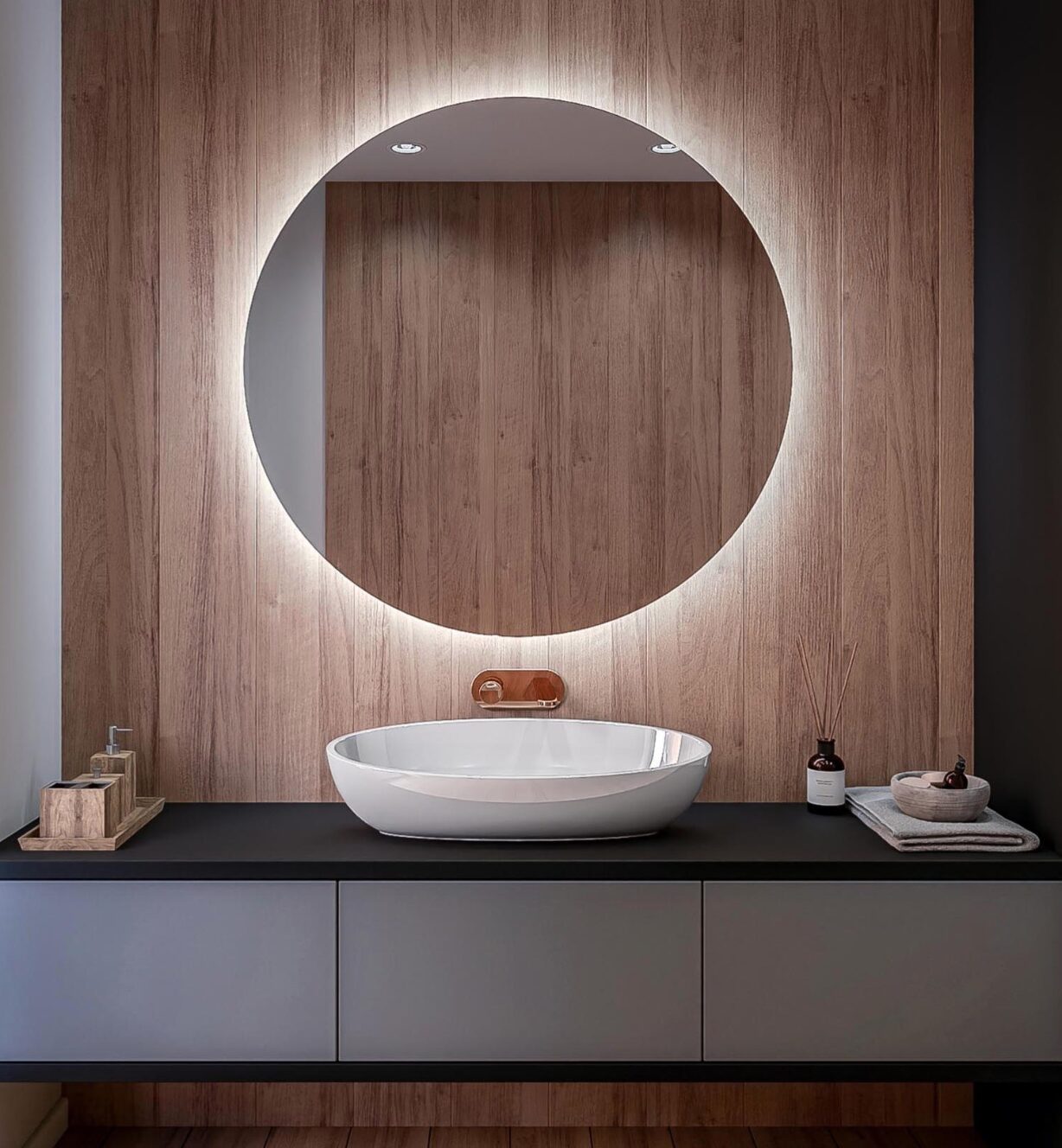 lavabo miroir rond neon blanc mur bois