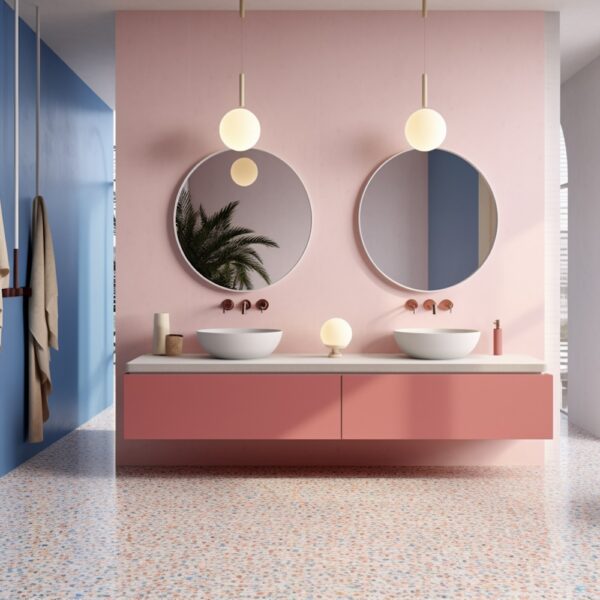 salle de bain bleue pastel mur rose sol terrazzo