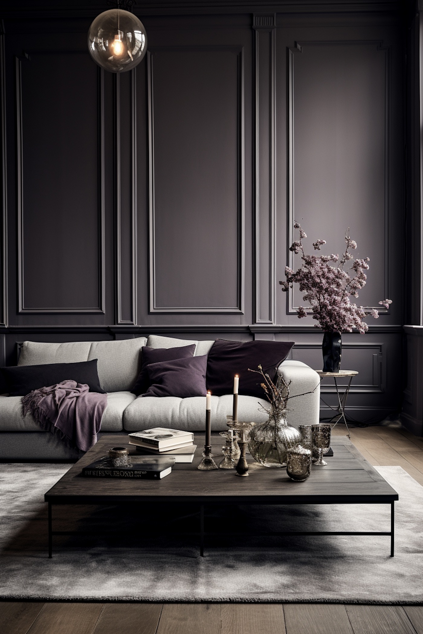 salon décoration classique moulures teinte de violet poussiéreux