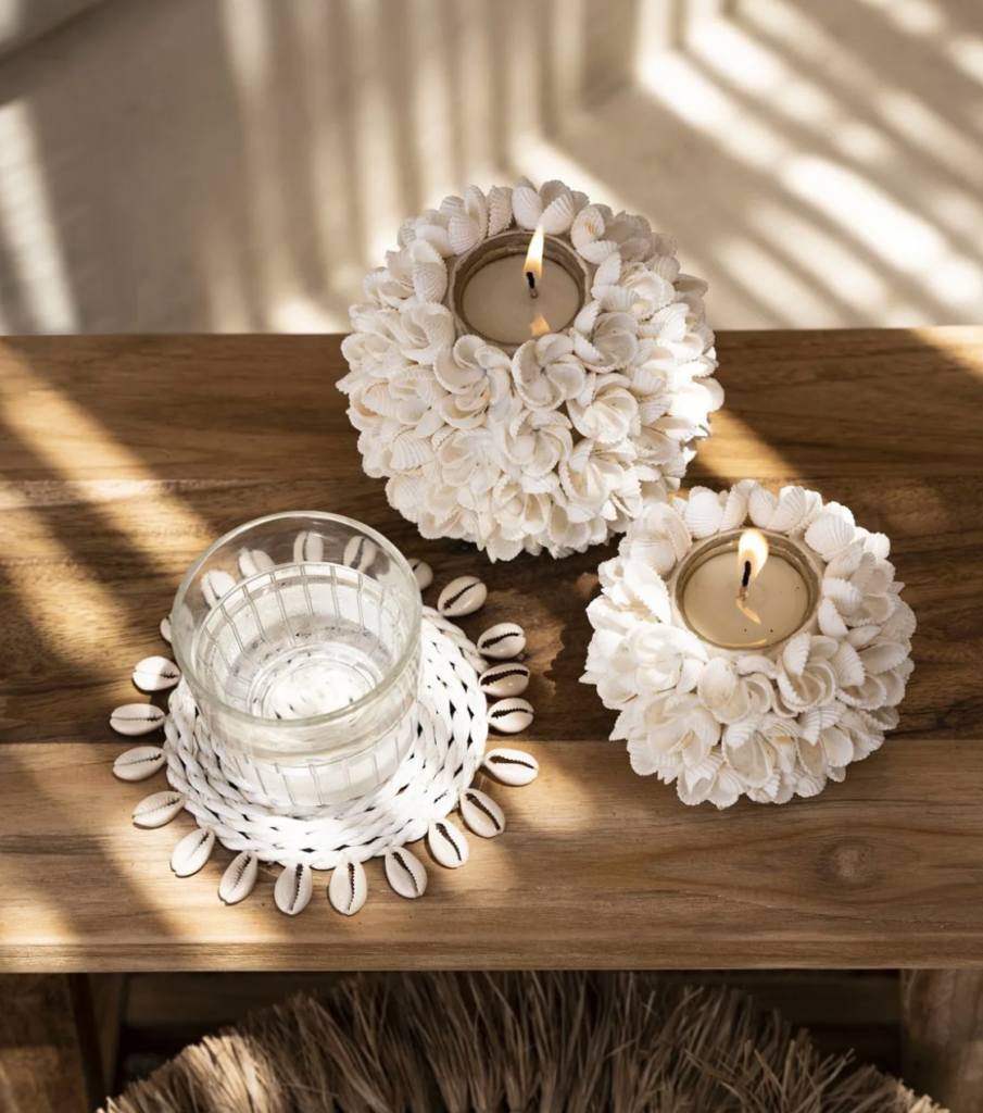 table bois deco coquillage ocean mer bougie