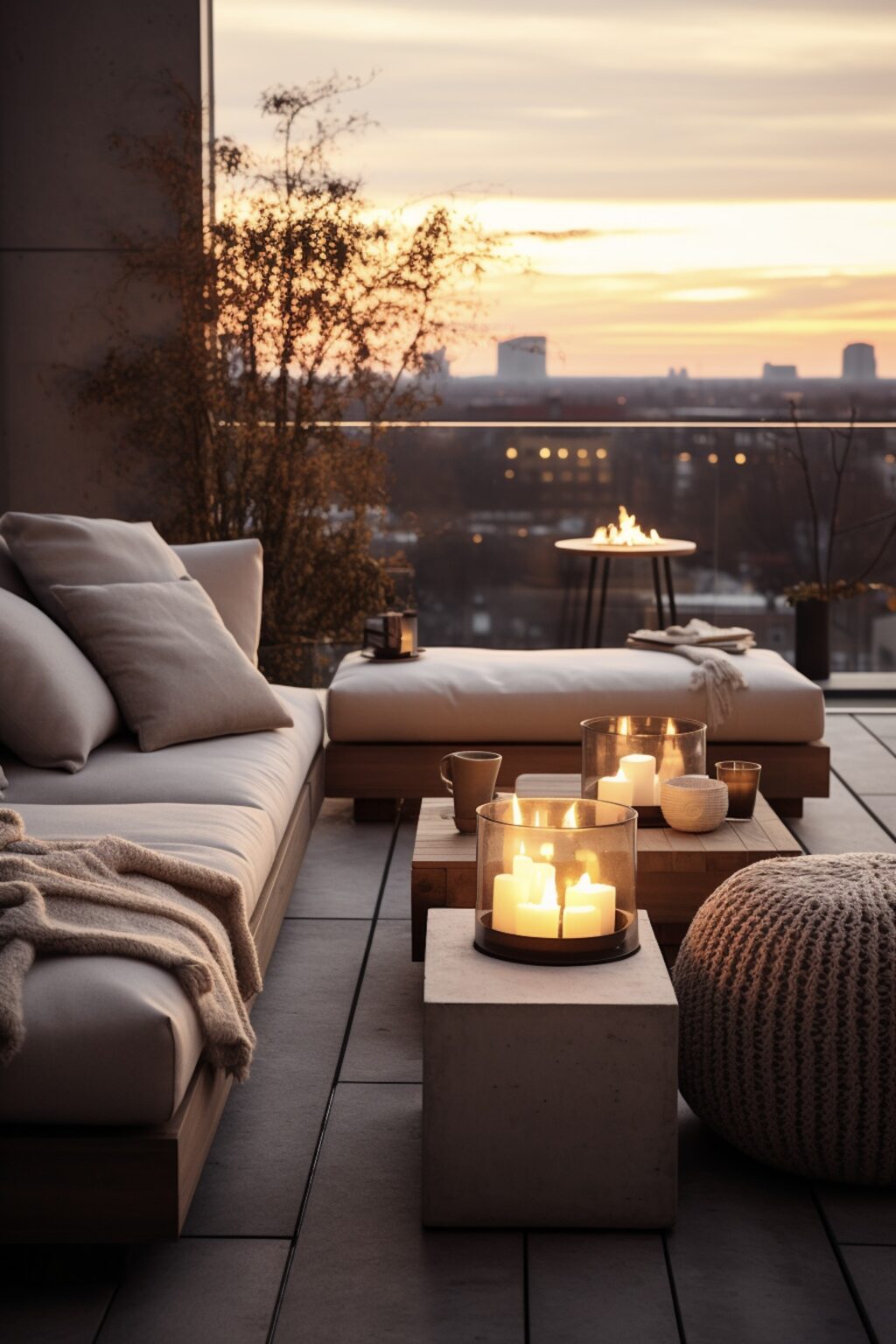 balcon vitre verre table basse bois canape coussin