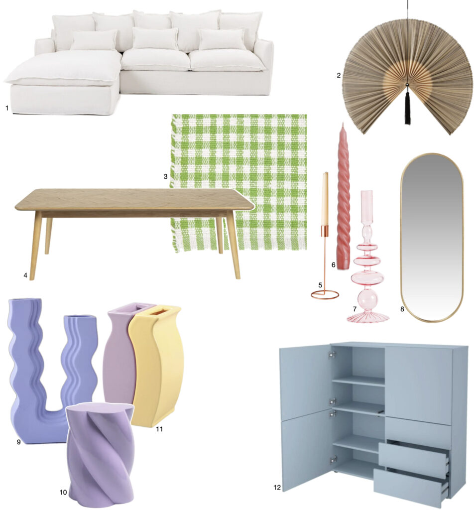 commode bleu pastel bougeoir violet vase jaune canape angle blanc