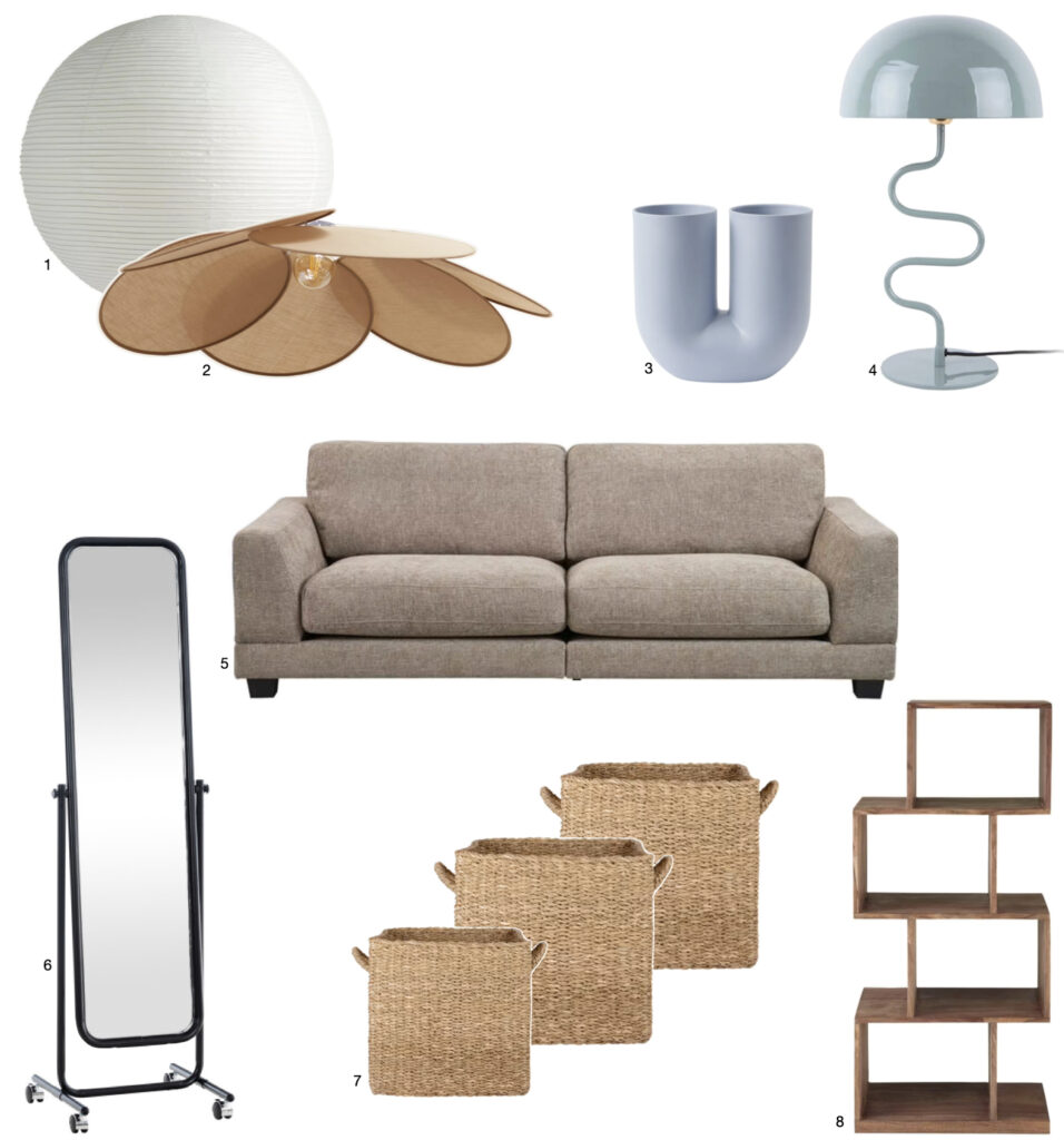 deco epuree contemporain miroir lampe canape meuble bois bleu