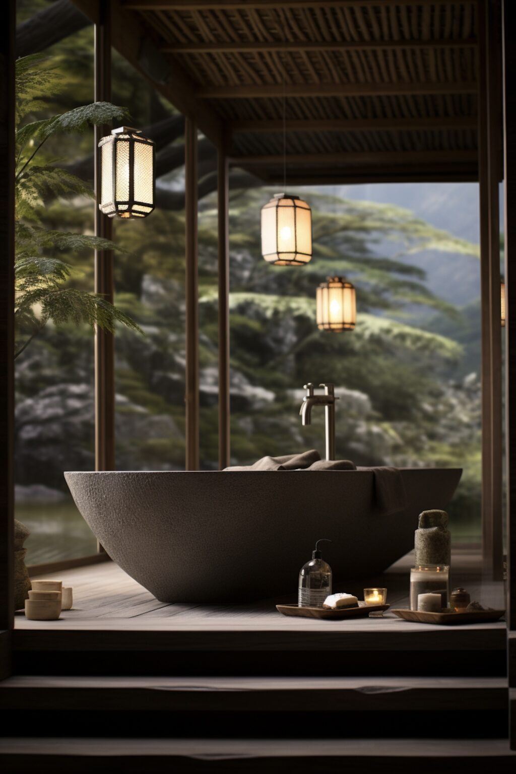 deco salle de bain spa baignoire beton lampion lampe suspendue bougie