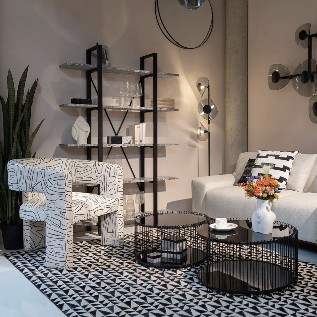 fauteuil tripode 3 pieds tissu graphique arty noir blanc