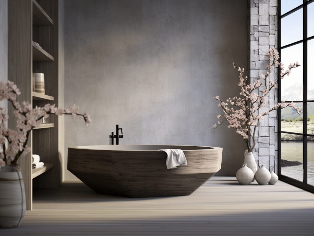 inspiration deco zen elegante minimaliste baignoire bois fleurs cerisier