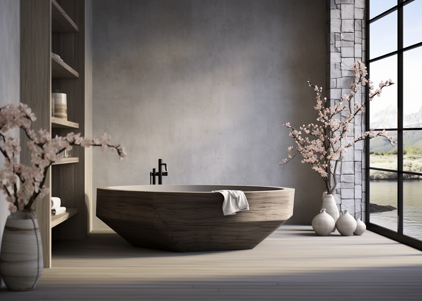 inspiration deco zen elegante minimaliste baignoire bois fleurs cerisier