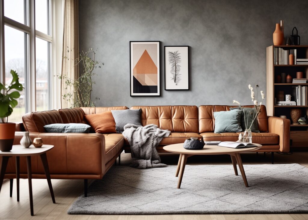 petit salon avec canapé angle cuir chesterfield marron rétro