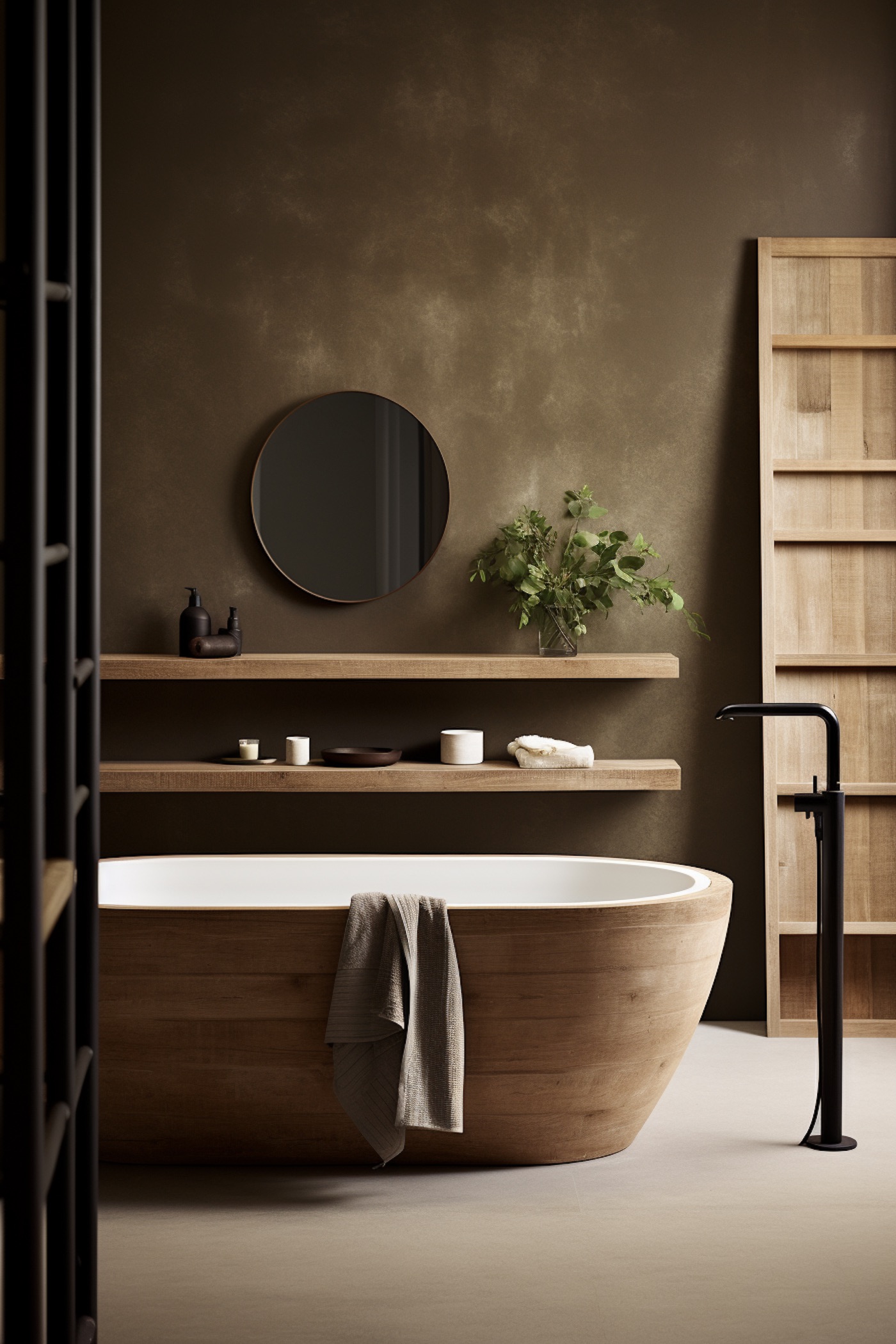 salle de bain marron baignoire bois mur taupe