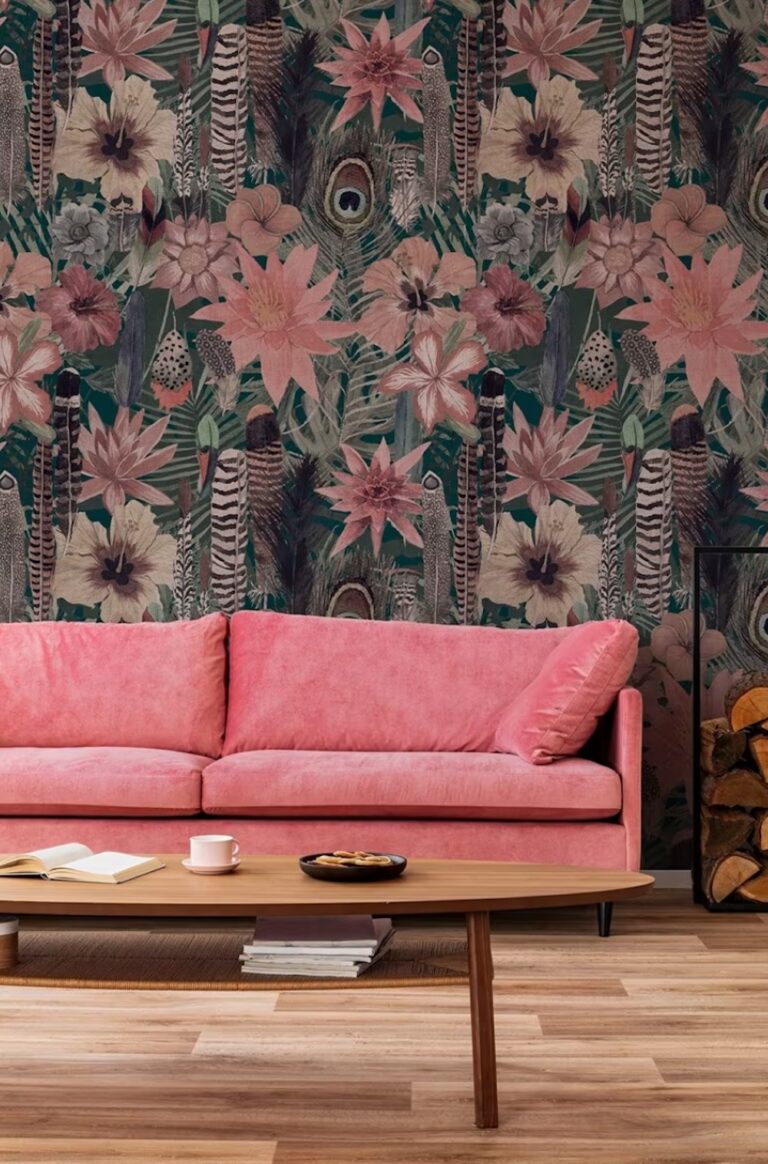 salon deco anglais lit double bois papier peint fleuri