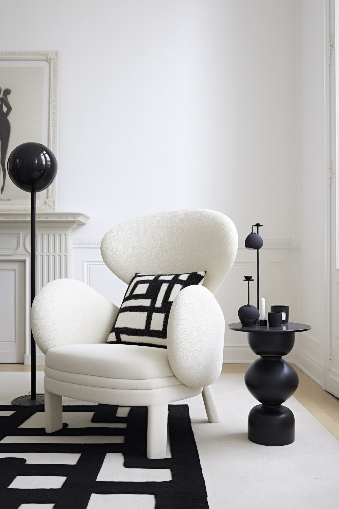 Salon style années 60 déco noir et blanc fauteuil rond bouclettes