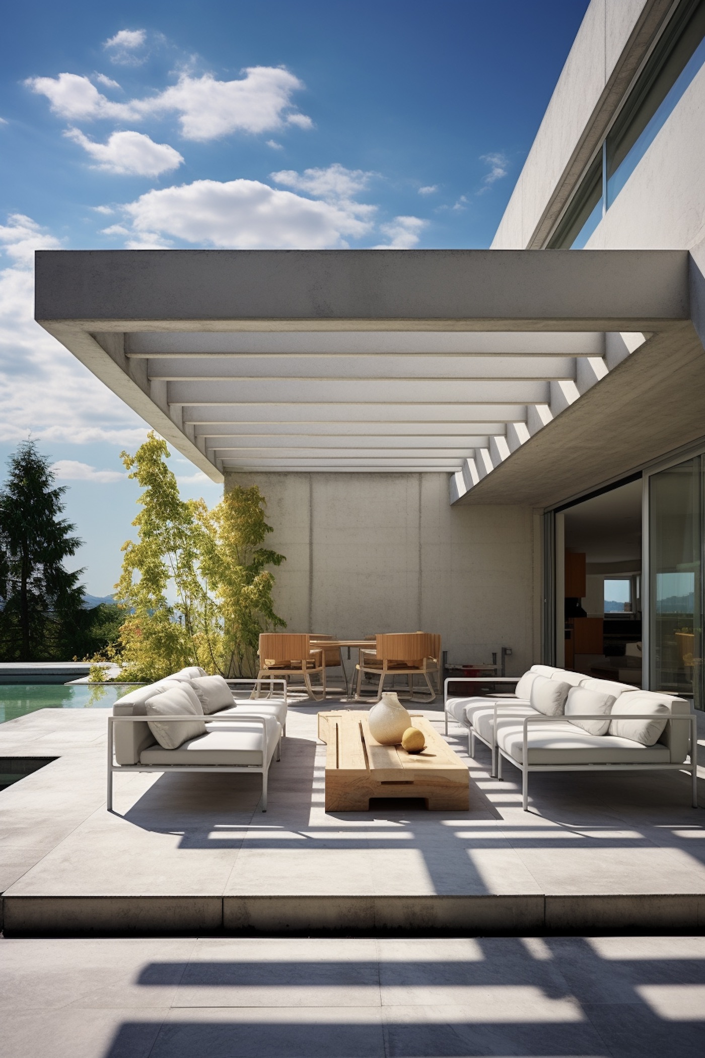 terrasse beton gris clair salon de jardin table basse bois brut