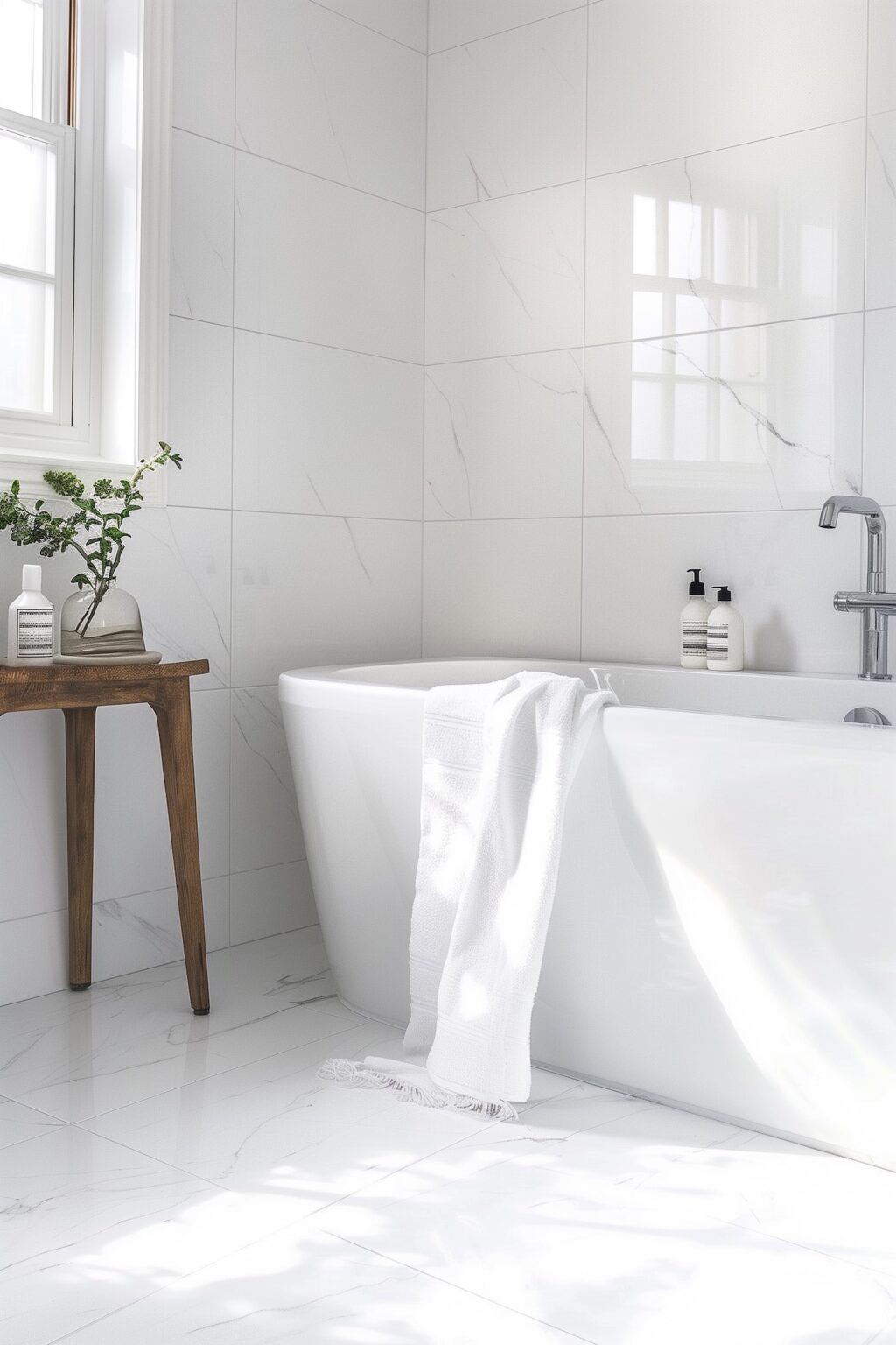 baignoire blanche tabouret bois carrelage effet marbre