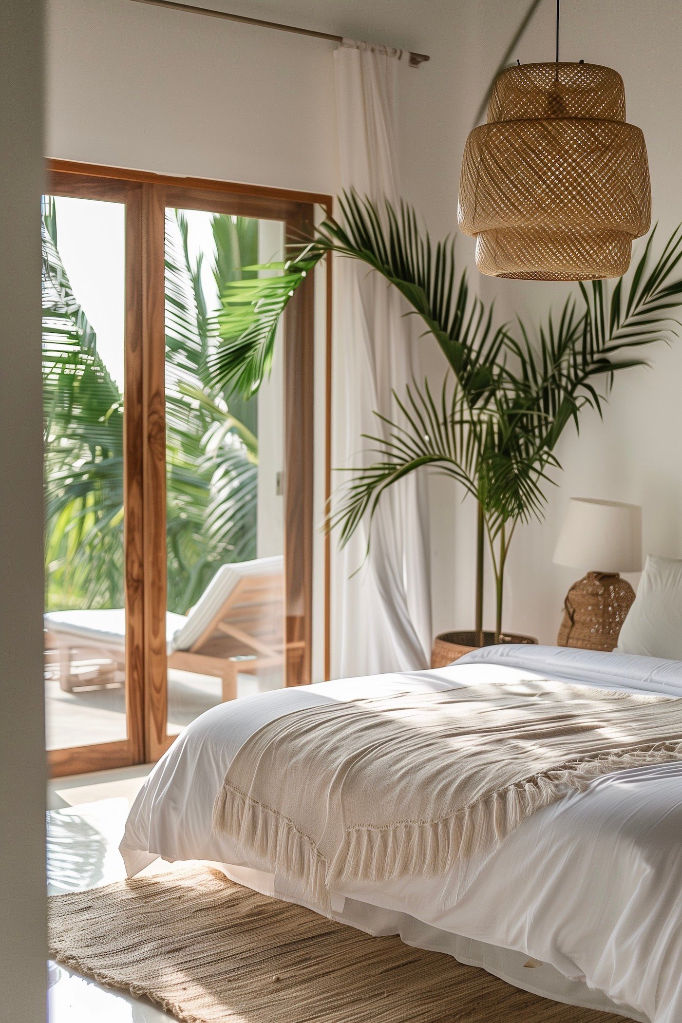 idée décoration chambre tropicale zen blanche palmier rotin