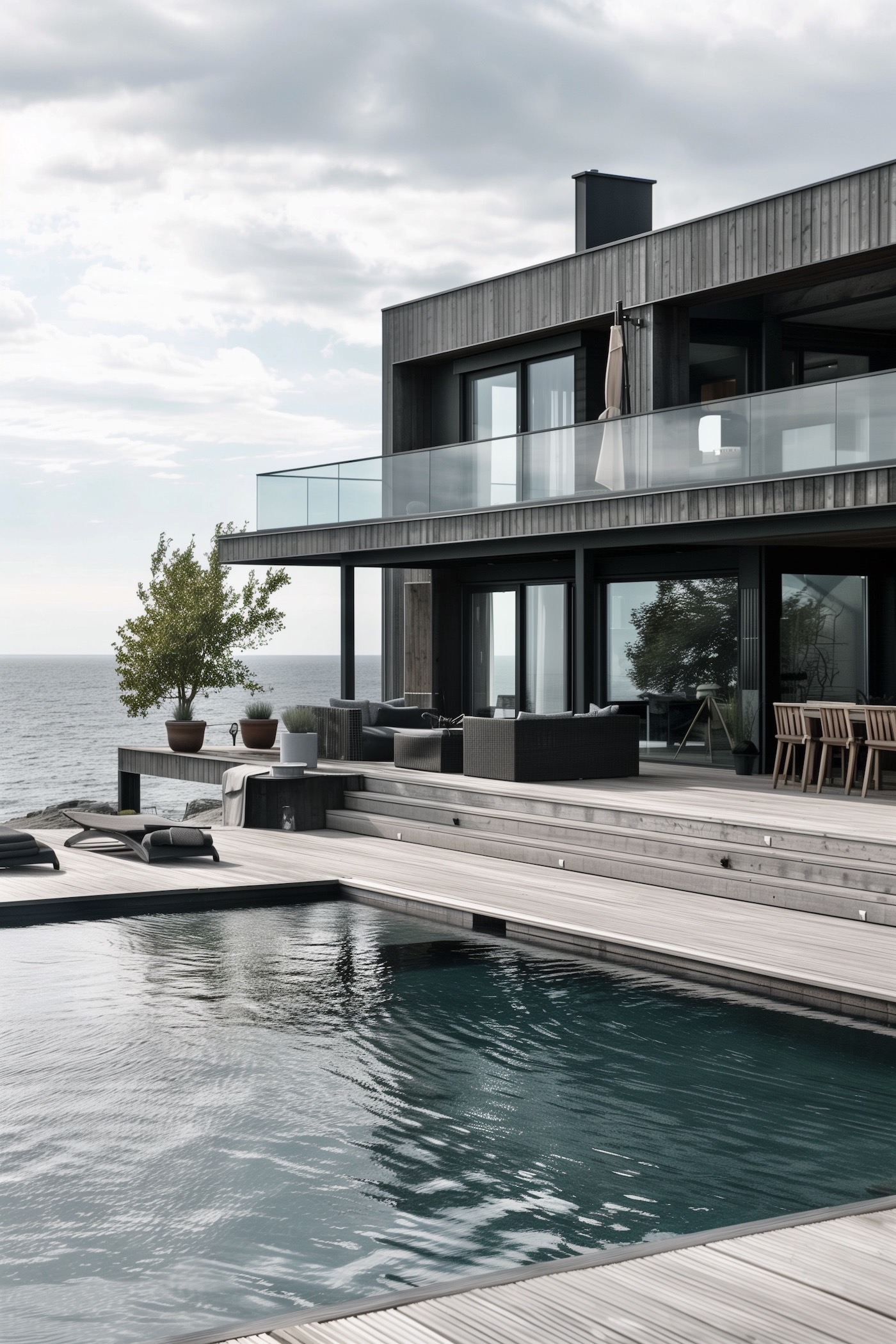 maison bois noir gris piscine vue sur mer