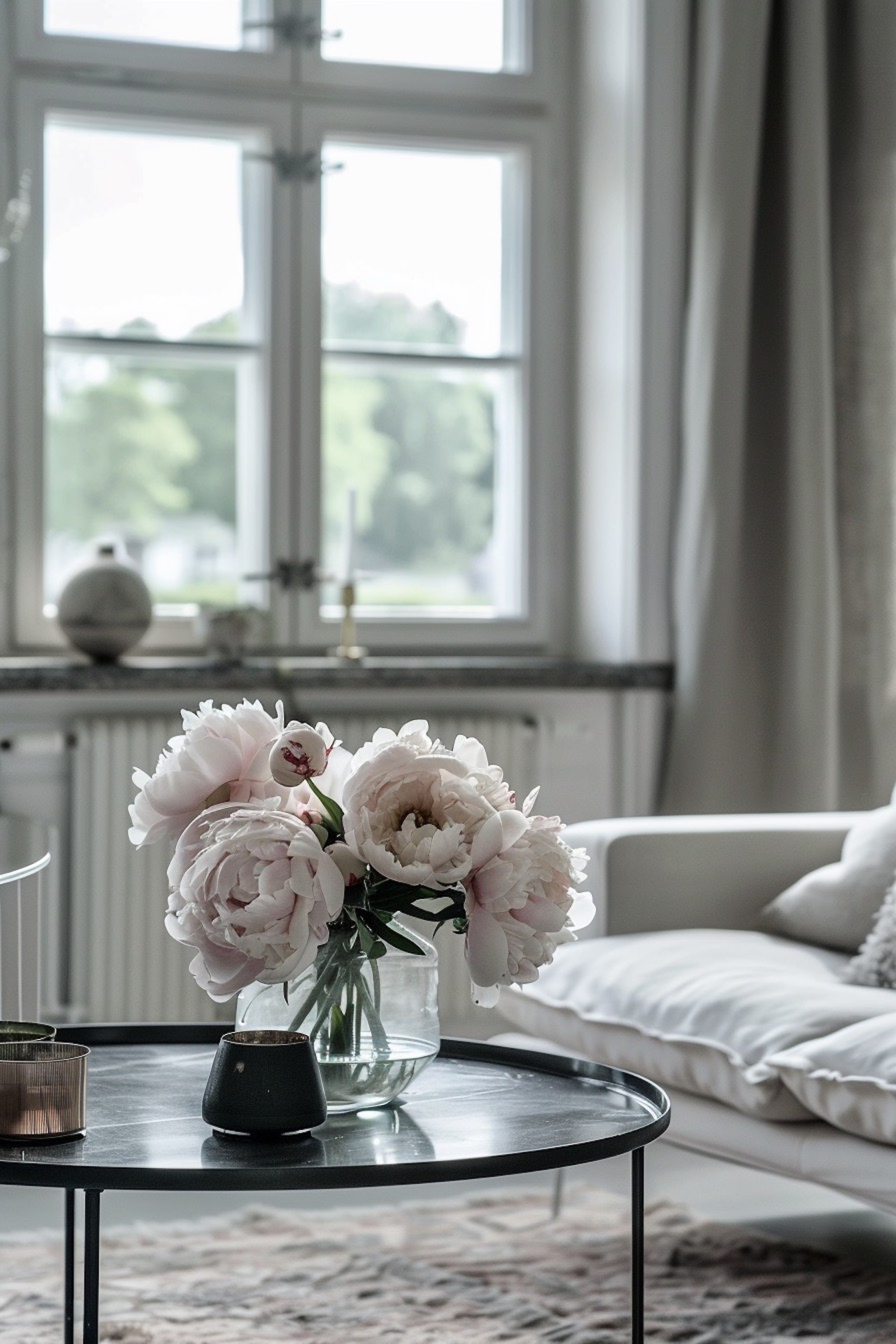 salon blanc gris danois bouquet pivoines blanches roses