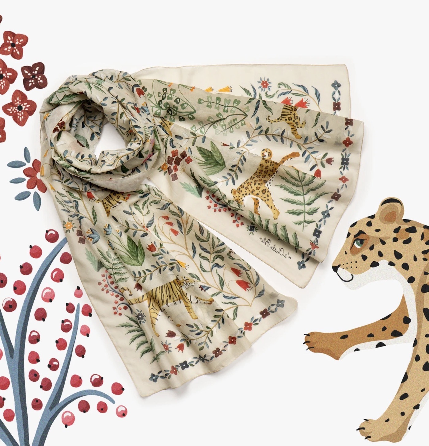 écharpe foulard soie guépard tigre fleurs