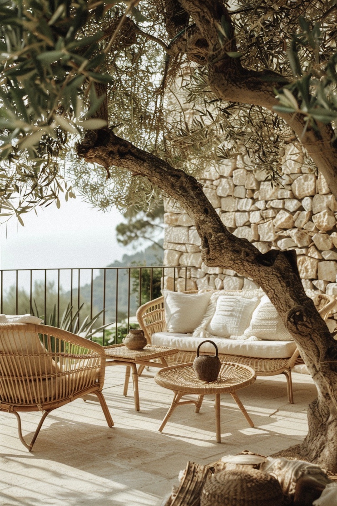 terrasse méditerranéenne maison pierres canapé rotin