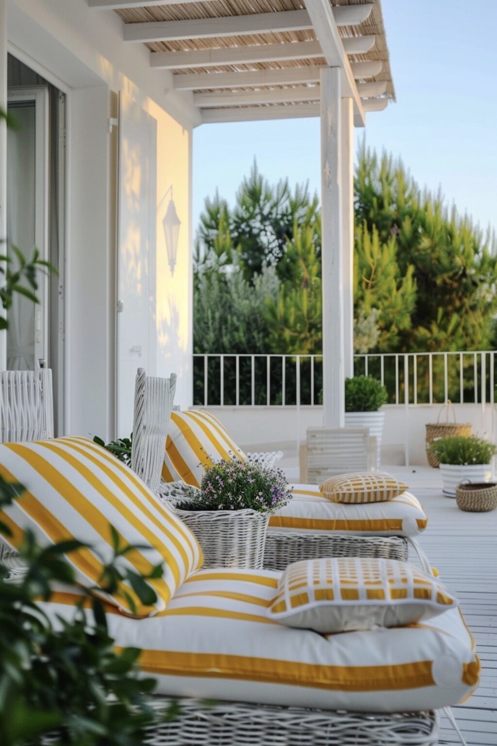 transat rotin blanc coussin tissu rayures blanches jaunes