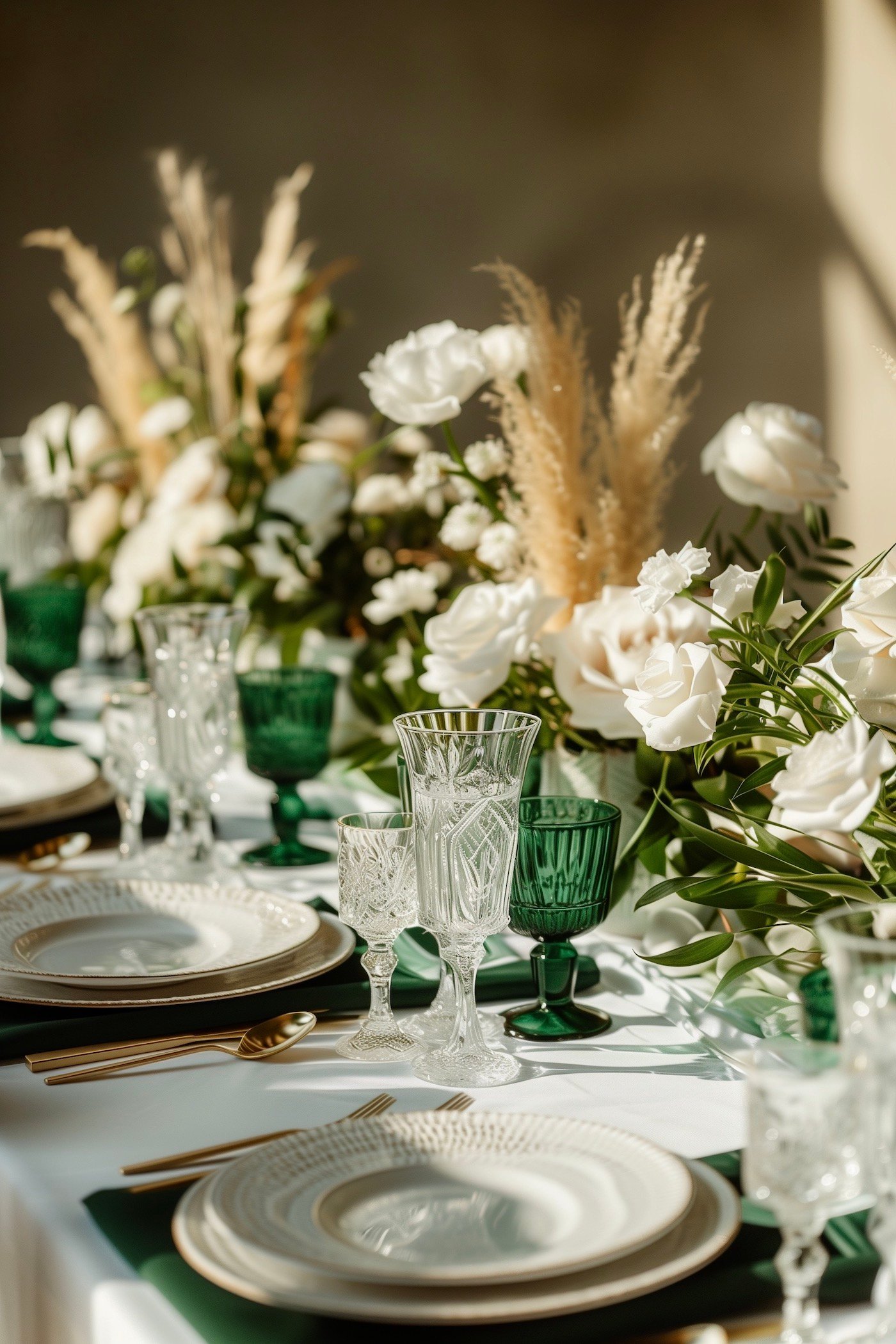 table mariage vert émeraude blanc doré