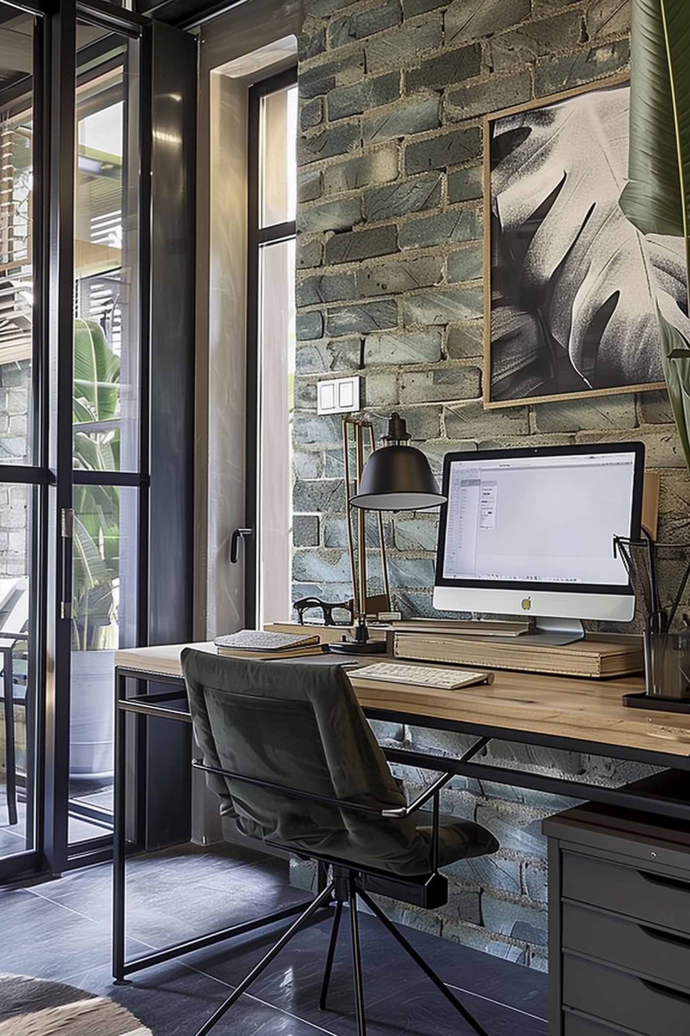bureau à domicile style industriel mur briques vertes