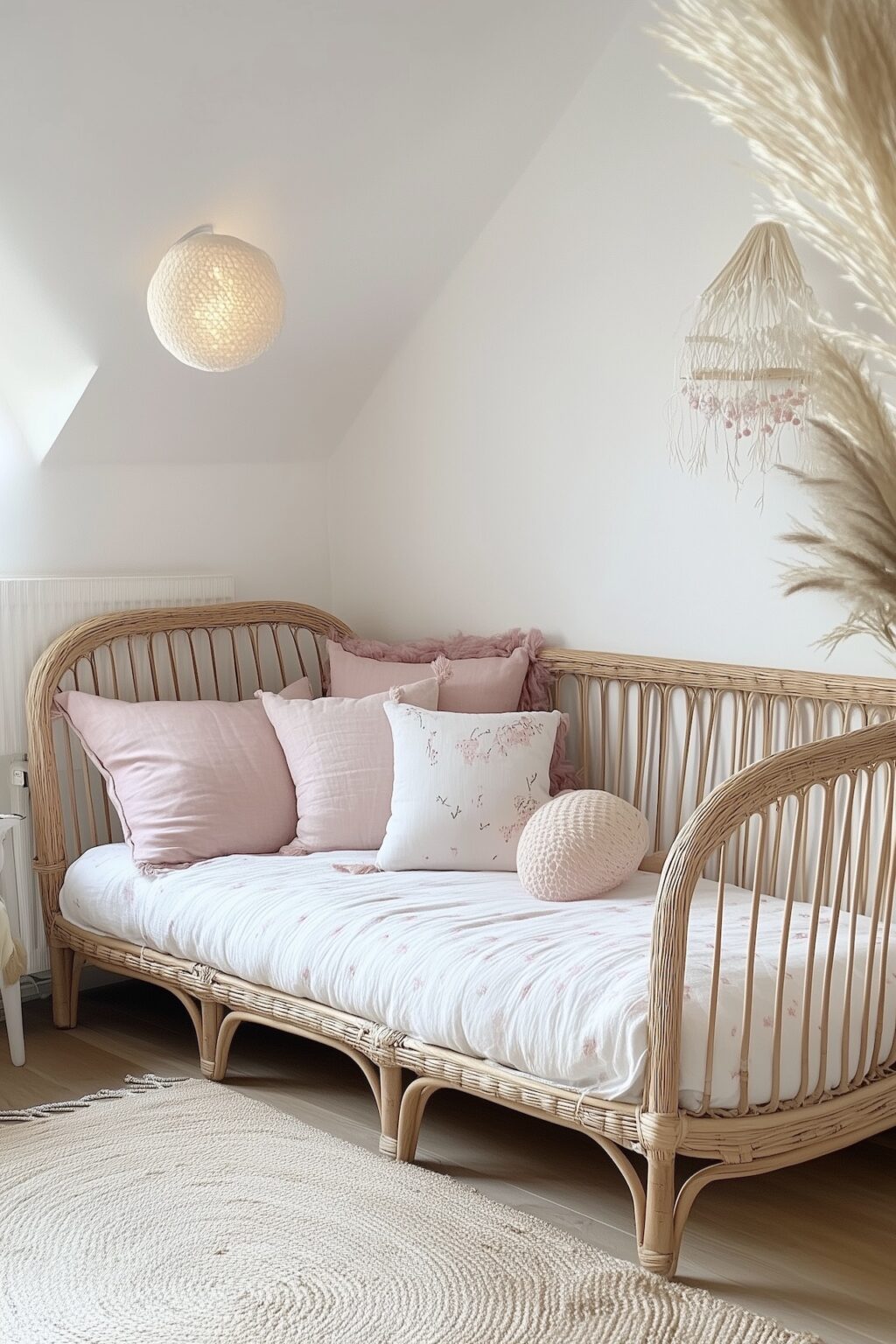 chambre enfant rose lit rotin tapis blanc parquet bois armoire blanche