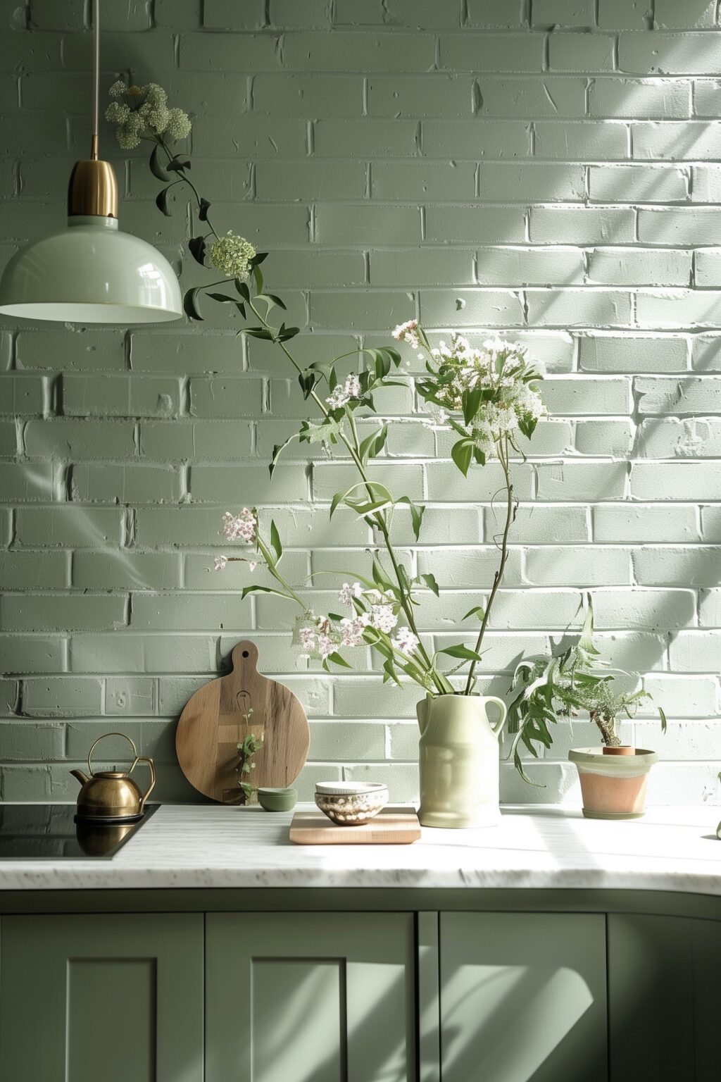 cuisine ton sur ton déco vert pastel marbre blanc