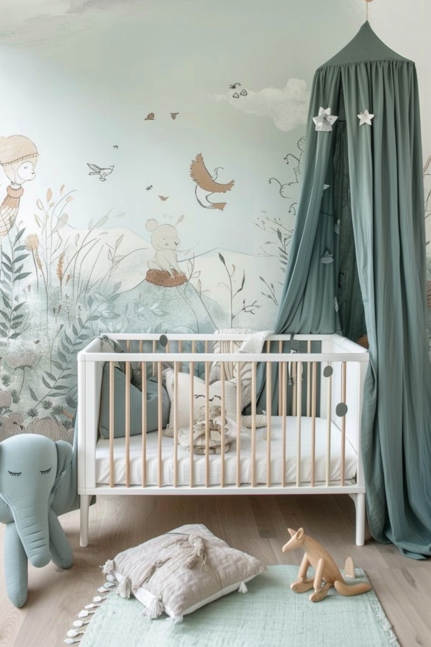 chambre bébé mur bleu layette thème jungle lion savane idée déco