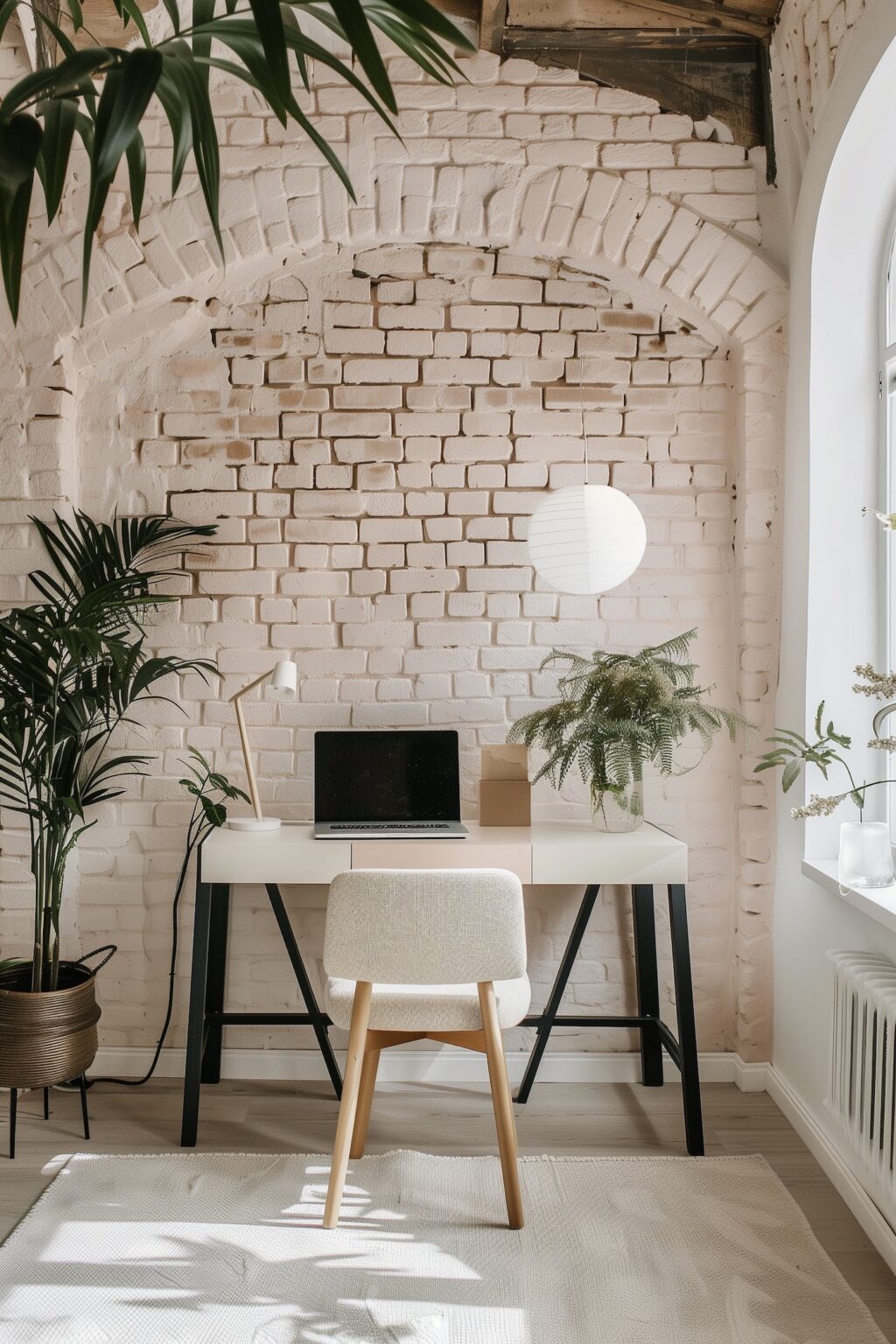 espace télétravail alcove blanche rose pale pastel