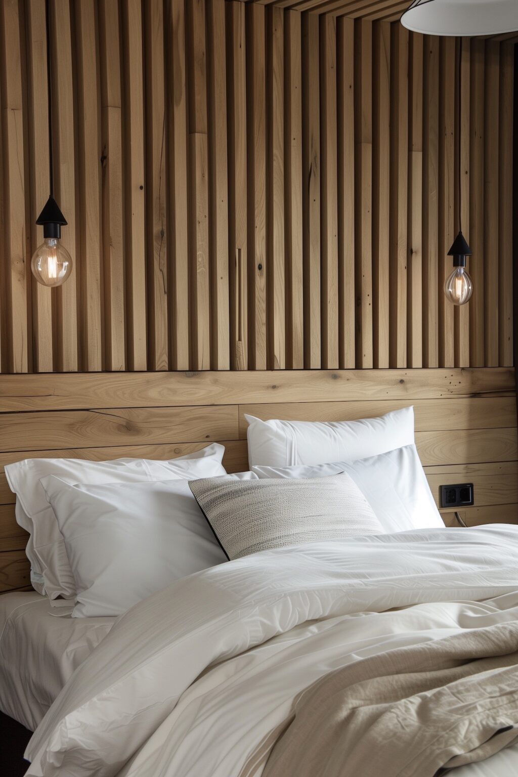 idée décoration chalet moderne chambre mur bois tasseaux verticaux