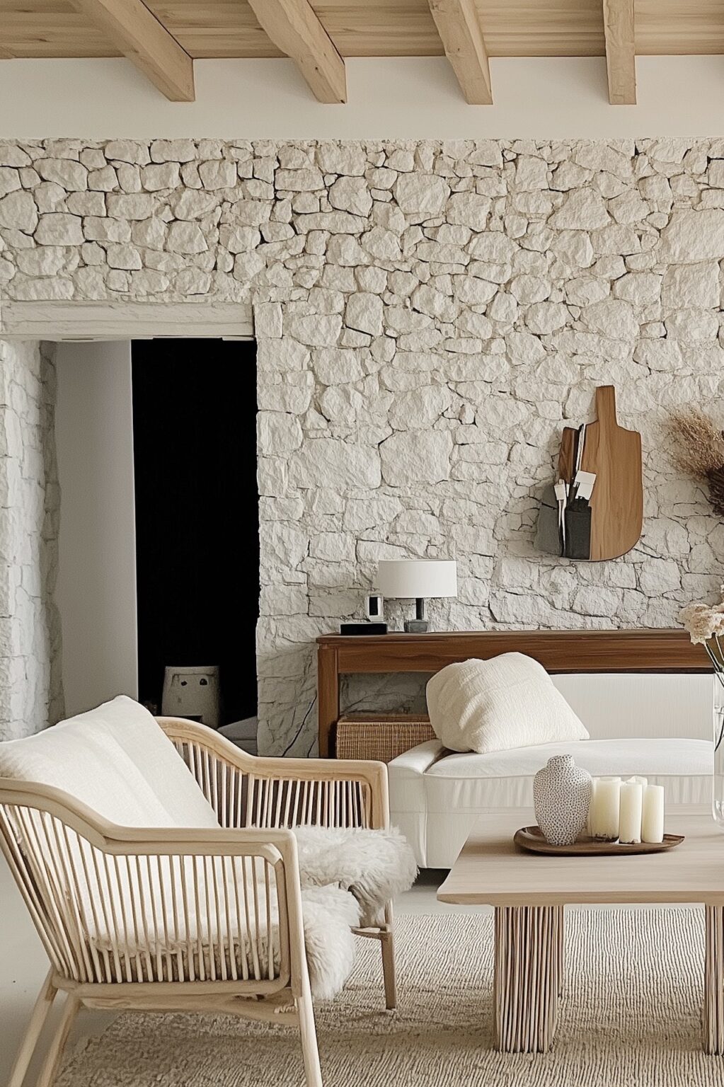 salon fauteuil bois design scandinave mur pierres blanches