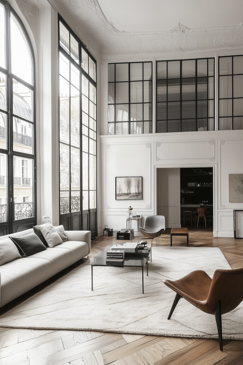 aménagement salon haut plafond loft Paris