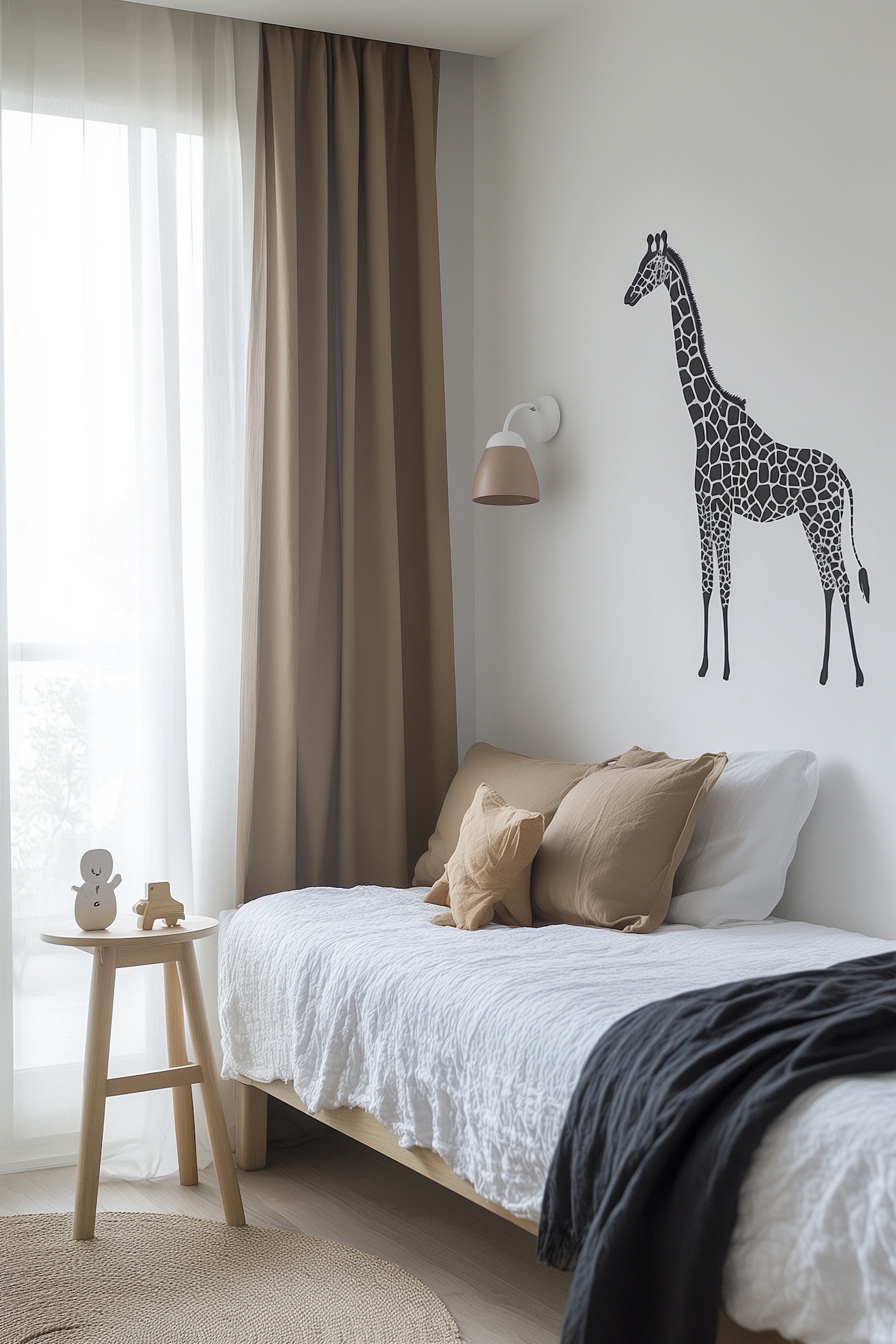 chambre enfant déco neutre chic sticker girafe noir blanc