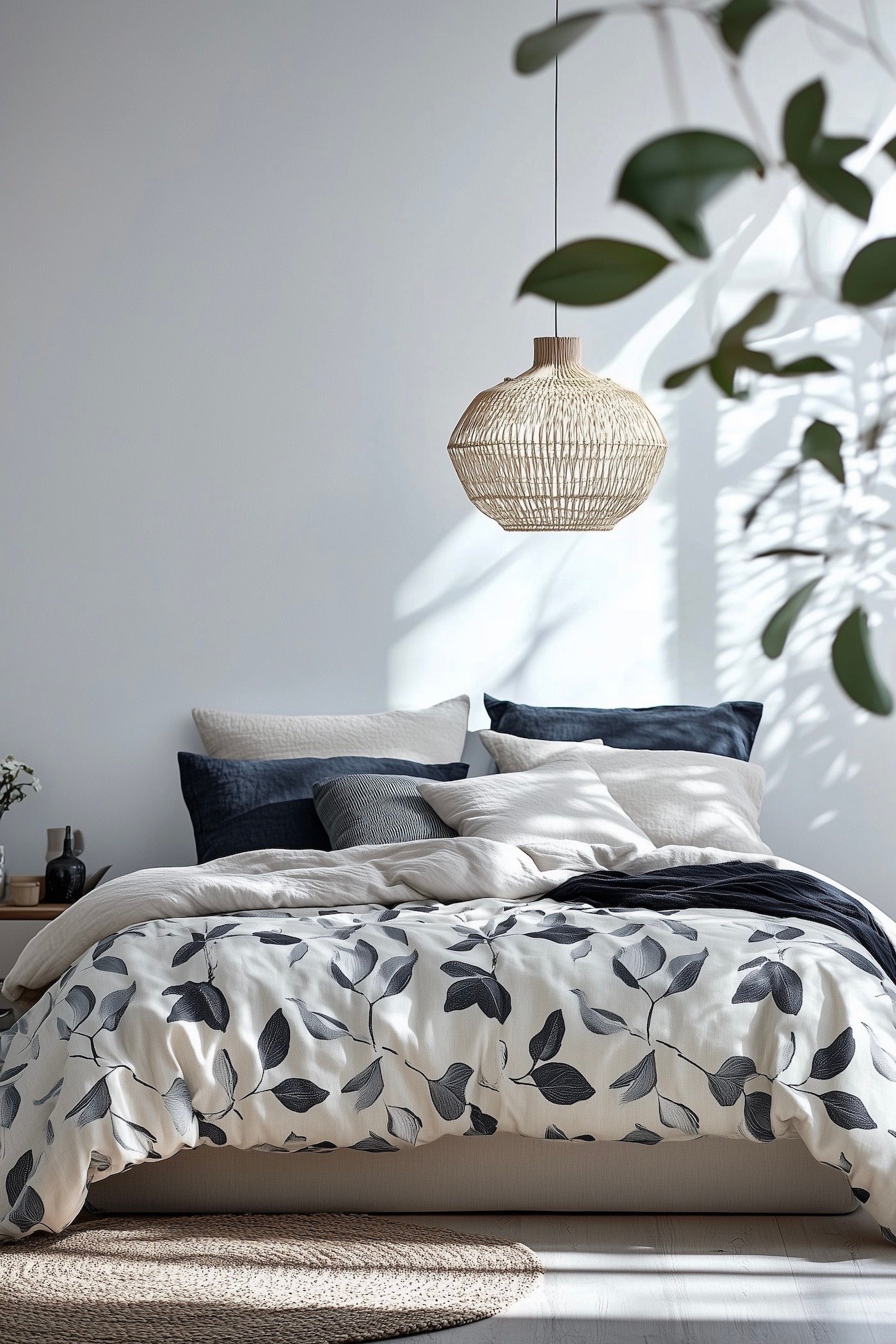 chambre scandinave blanche bleu motifs végétaux plantes